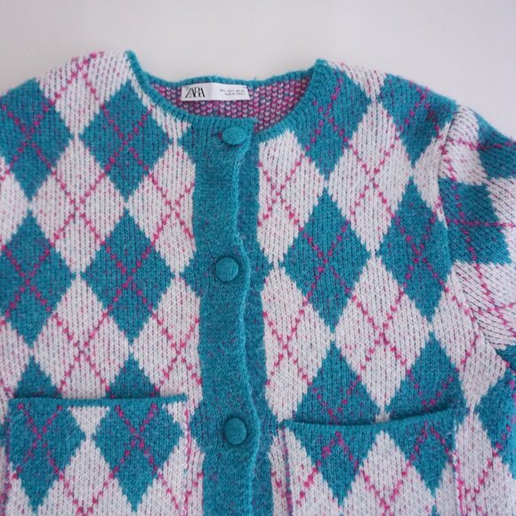 ZARA Argyle Knit Cardigan Teal Pink White Preppycore Soft Girl Y2K Aesthetic L - Picture 6 of 9